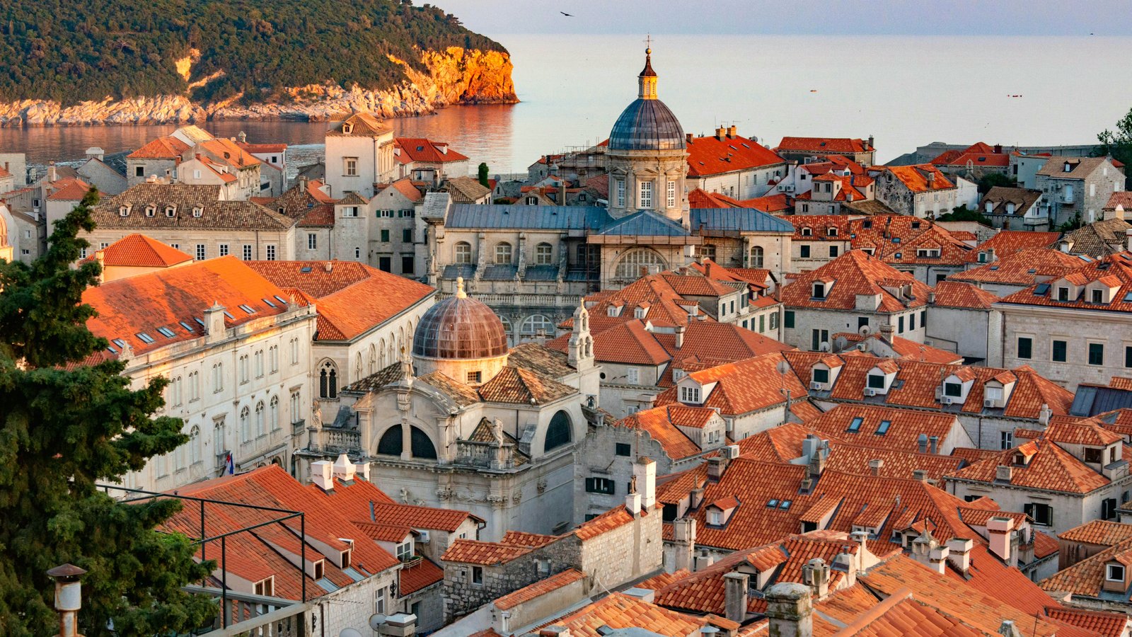 Dubrovnik old city walls at sunset above the Adriatic