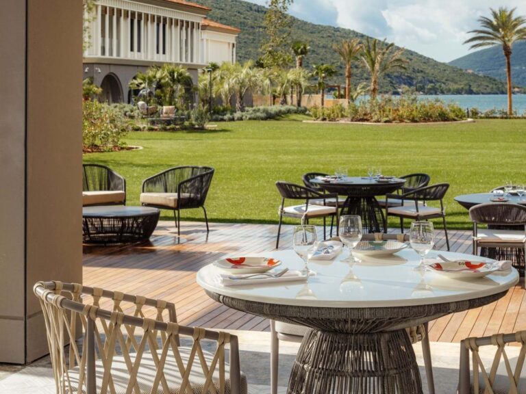 Bright outdoor dining terrace at One&Only Portonovi in Montenegro