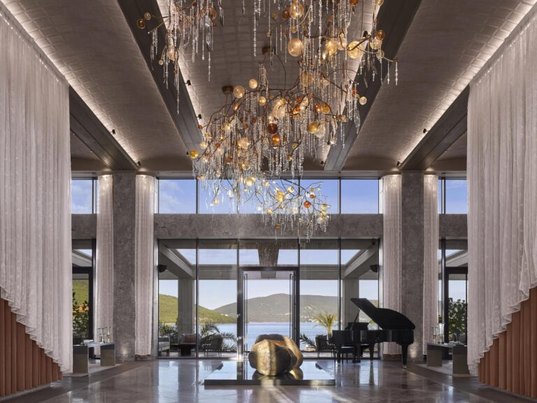Lobby with statement chandelier at One&Only Portonovi in Montenegro