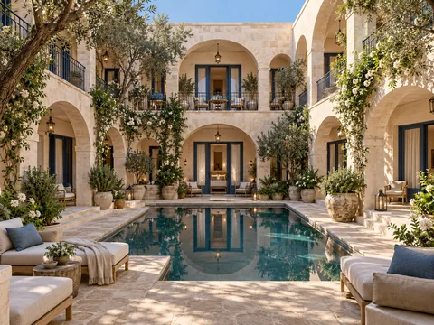 Arched limestone courtyard at a fictional boutique hotel