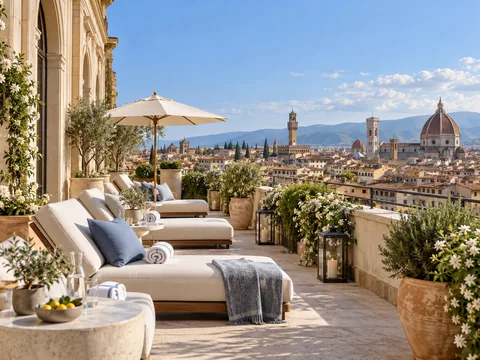 Fictional hotel terrace overlooking a European city skyline