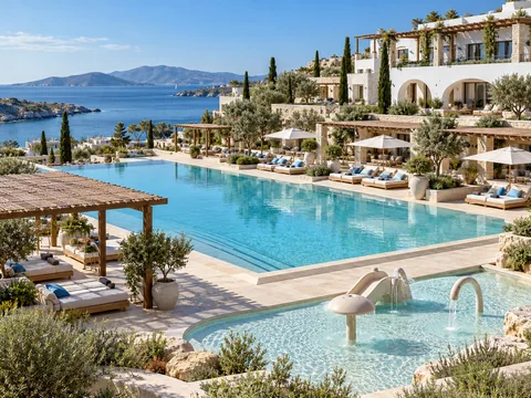 Shaded pools and family splash area at a fictional resort