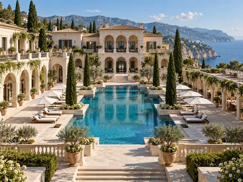 Grand colonnades and central pool at a fictional luxury hotel